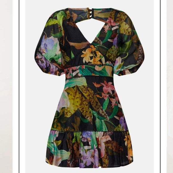 Karen Millen Dark Tropical Cotton Voile Puff Shoulder Mini - Picture 1 of 11